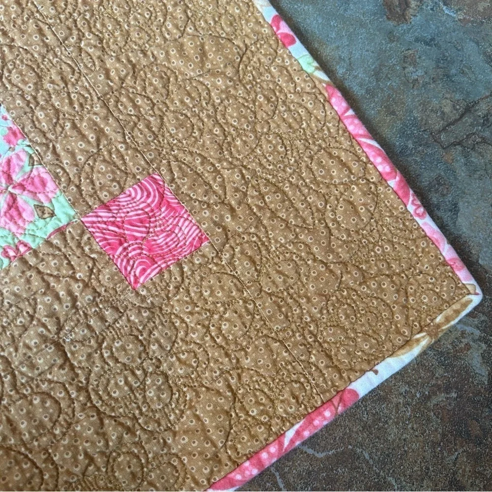 Vintage Handmade Quilt Floral Fleece Squares Reversible Pink Cosy Cottage Core